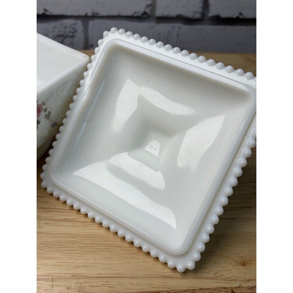 Westmoreland Milk Glass Candy Dish Lidded Paneled Grape Painted Flowers Footed - Picture 8 of 13